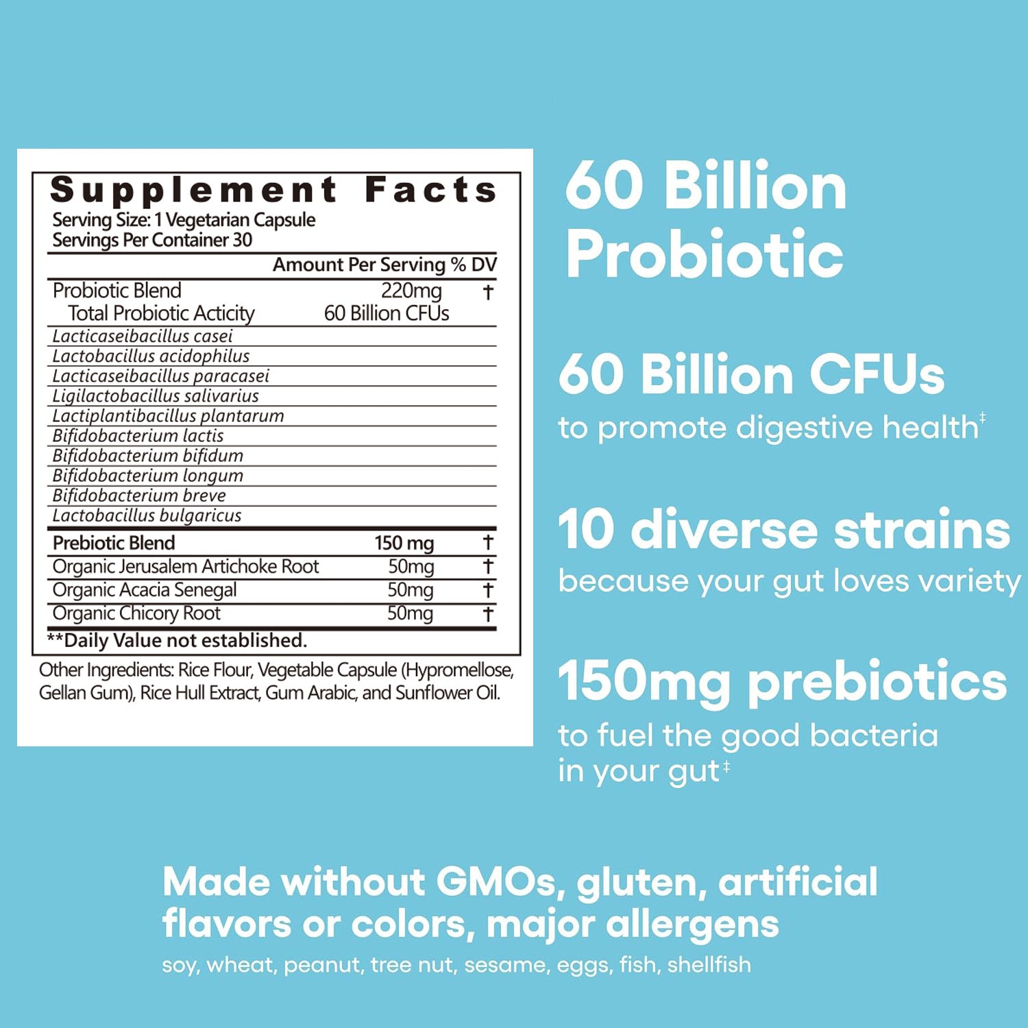 Probiotics 60 Billion CFU  10 Strains  Organic Prebiotics - Immune, Digestive  Gut Health - Supports Occasional Constipation, Diarrhea, Gas & Bloating - For Women & Men - 30ct